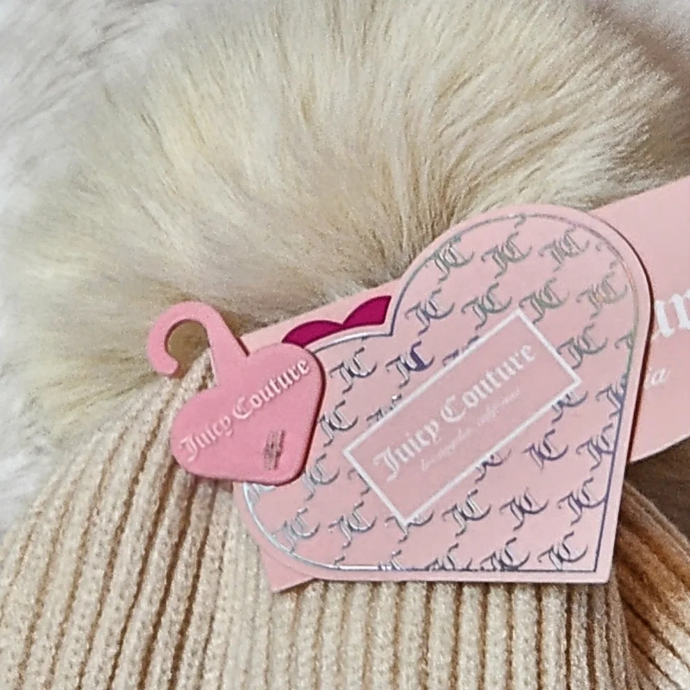 Juicy Couture Beige Charm Faux Fur Pom-Pom Beanie